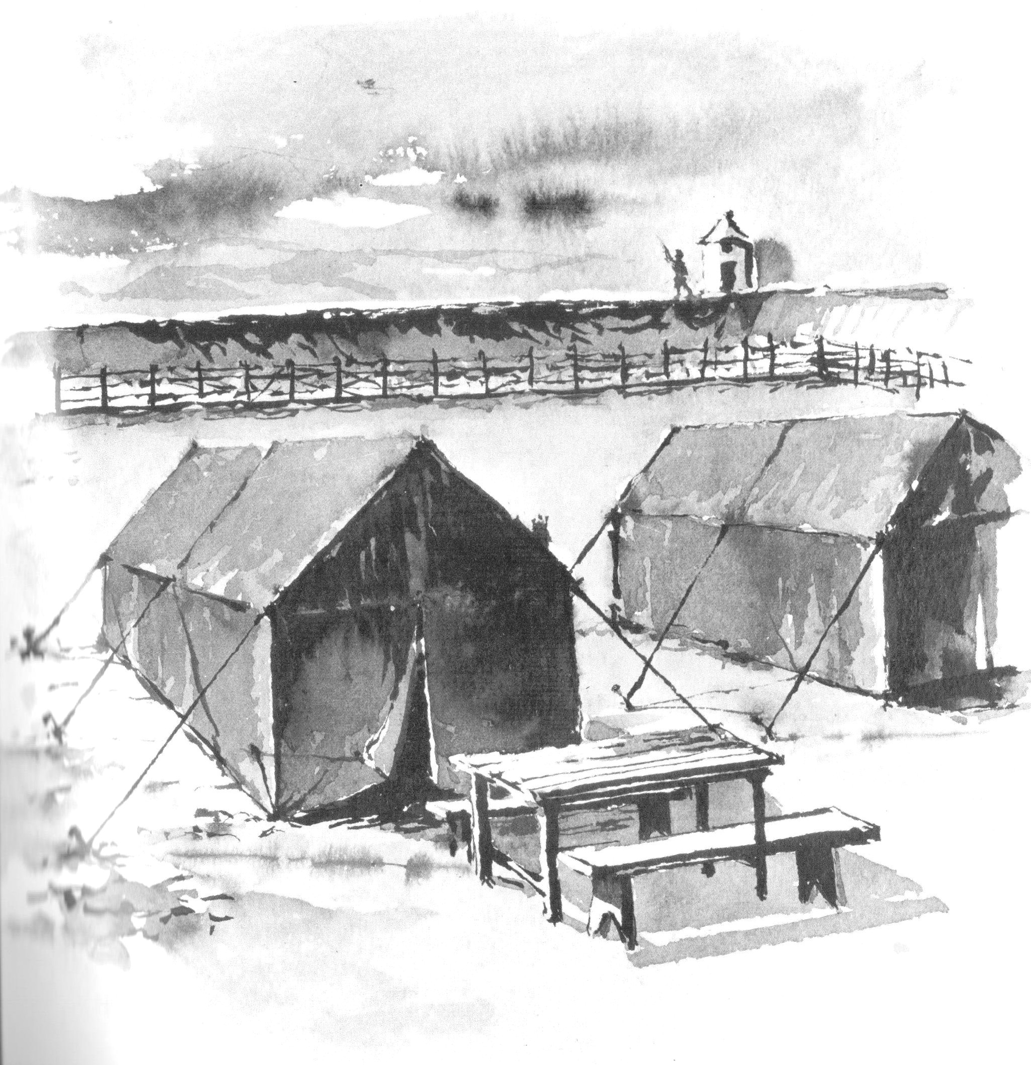 Tendas de lona no início do funcionamento do Campo de Concentração do Tarrafal (desenho de Rogério Amaral)