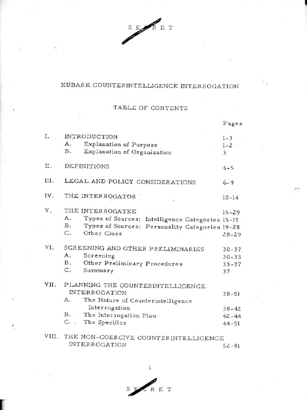 Sumário do manual de interrogatórios produzidio pela CIA em 1963 intitulado "KUBARK Counterintelligence Interrogation".