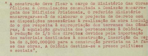 Excerto de despacho de Oliveira Salazar atribuindo a verba para a construção do campo de concentração, 08-10-1935