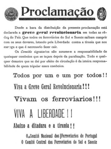 Proclamação que declara a a greve geral revolucionária em todas as redes ferroviárias do país