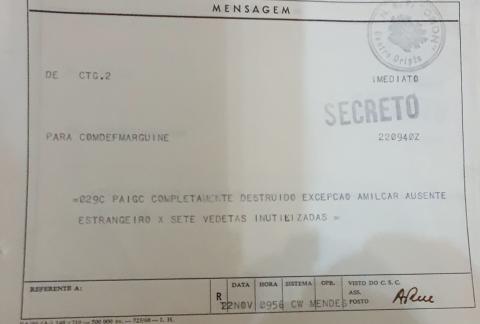 Mensagem urgente de Alpoim Calvão ao seu superior hierárquico, Comodoro Luciano Bastos, Comandante da Defesa Marítima da Guiné (ComDefMarGuiné), enviada às 09:40 de 22-11-1970, a partir do Centro de comunicações e cifra da LFG "Orion" (Navio-chefe da Operação)