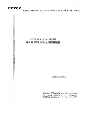 "Sur le rôle de la culture dans la lutte pour l'independance", Amílcar Cabral, UNESCO, julho de 1972