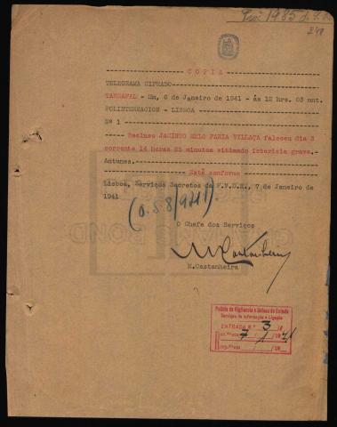 Cópia do telegrama cifrado enviado pelo Campo de Concentração do Tarrafal anunciando a  morte, no dia 6 de janeiro de 1941, por icterícia grave, do preso Jacinto Melo Faria Vilaça (cópia dos "serviços secretos da PVDE")
