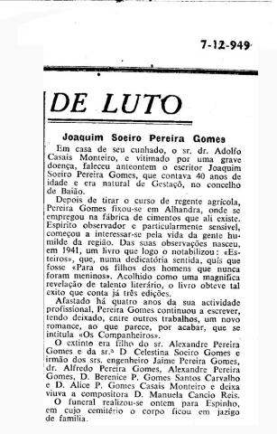 Notícia da morte de Soeiro Pereira Gomes publicada no Diário de Lisboa